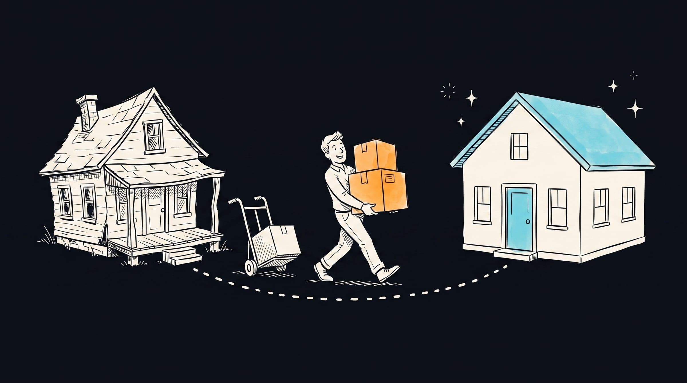 Ink sketch of a person carrying moving boxes from a tired old house to a bright new one