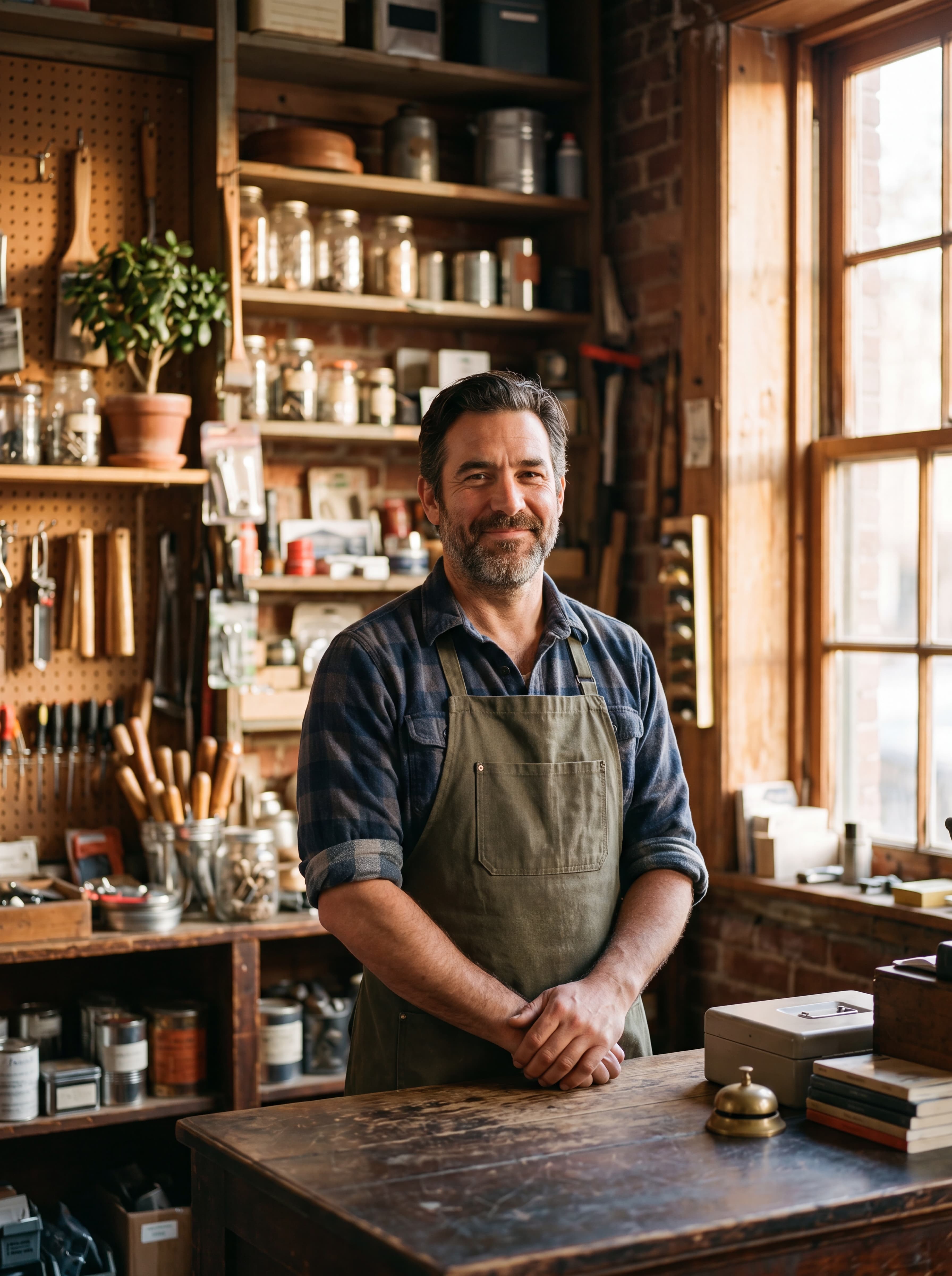 A small business owner standing at the counter of his neighborhood shop in warm natural light