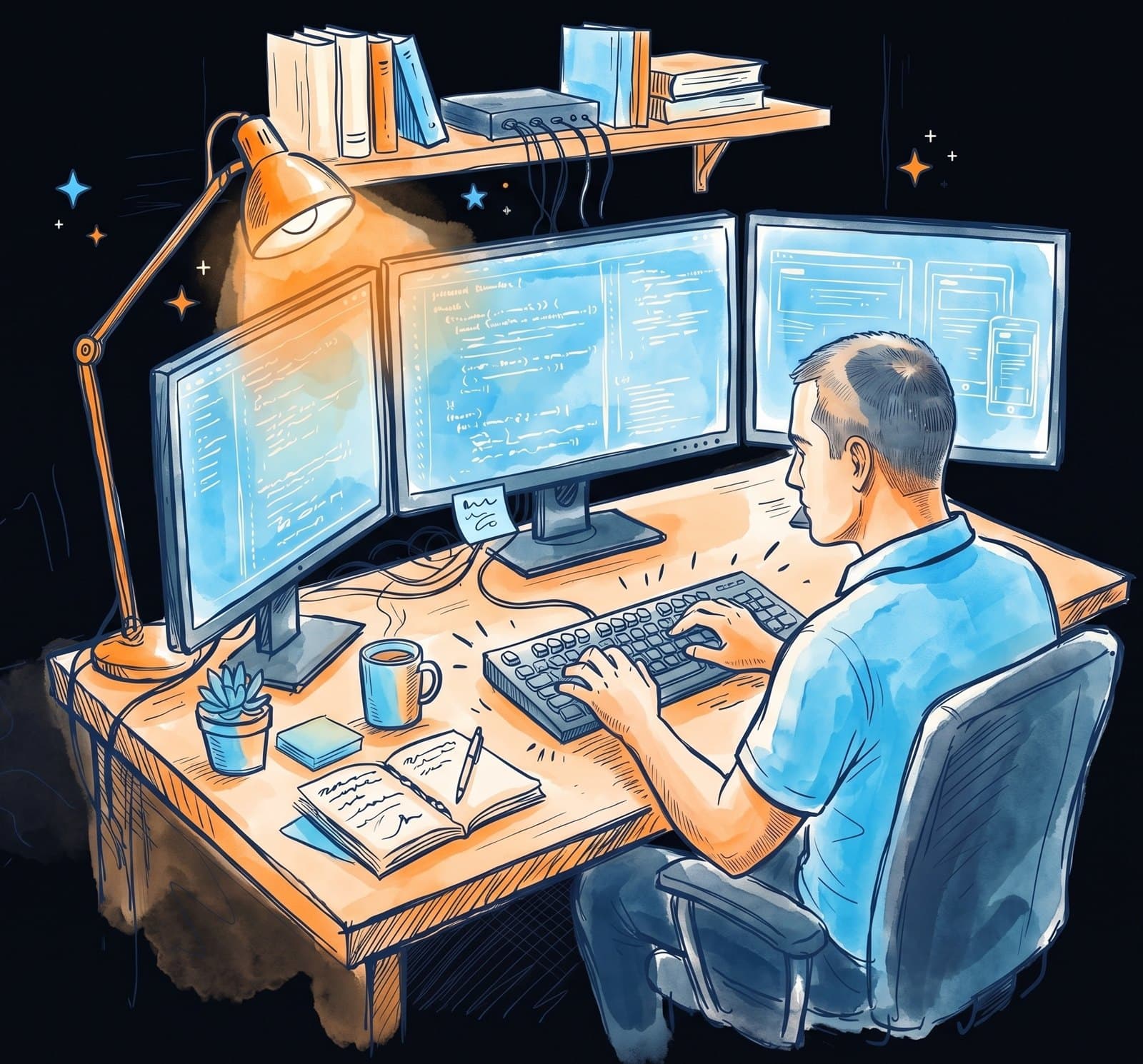 Watercolor illustration of Greg at his desk in the Company 50 office, lamp on, code on three monitors and a coffee mug beside the keyboard