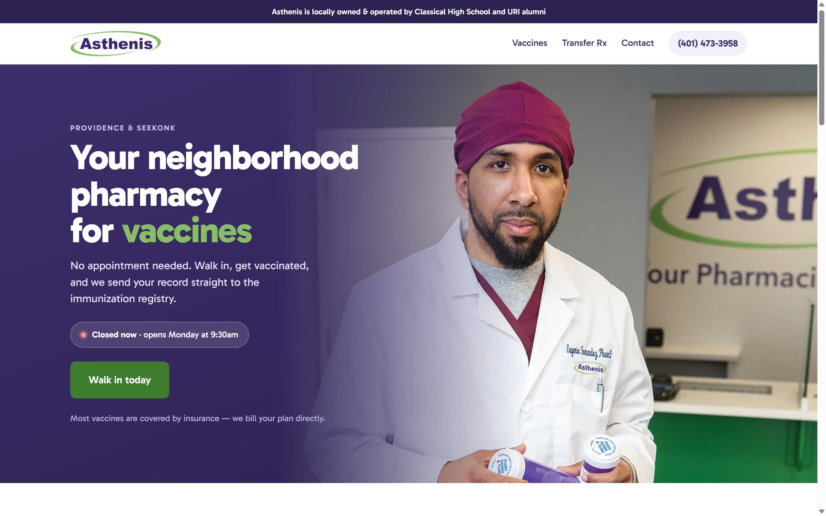 The new Asthenis pharmacy website, with a pharmacist in the hero and a walk-in vaccine call to action