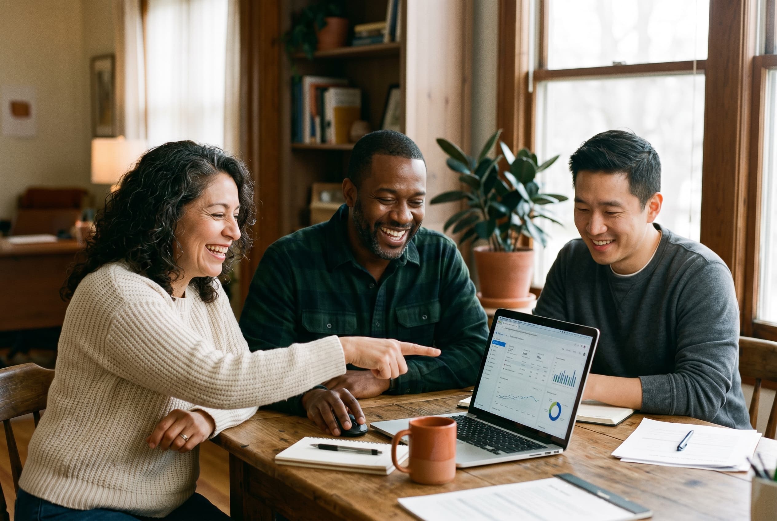 A small team gathered around a laptop in a warm office