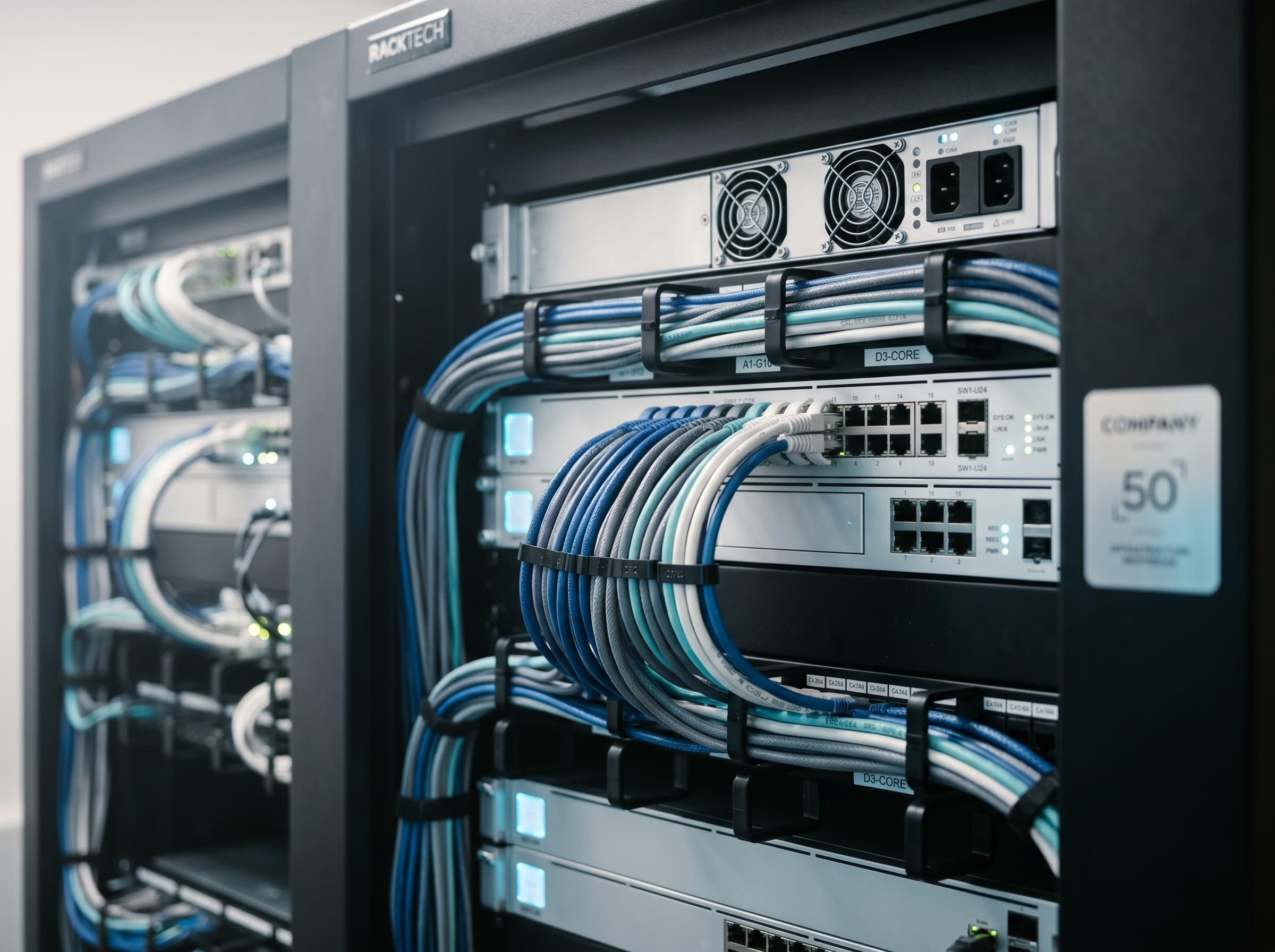 Close-up of a clean modern server rack with subtle blue accent lighting