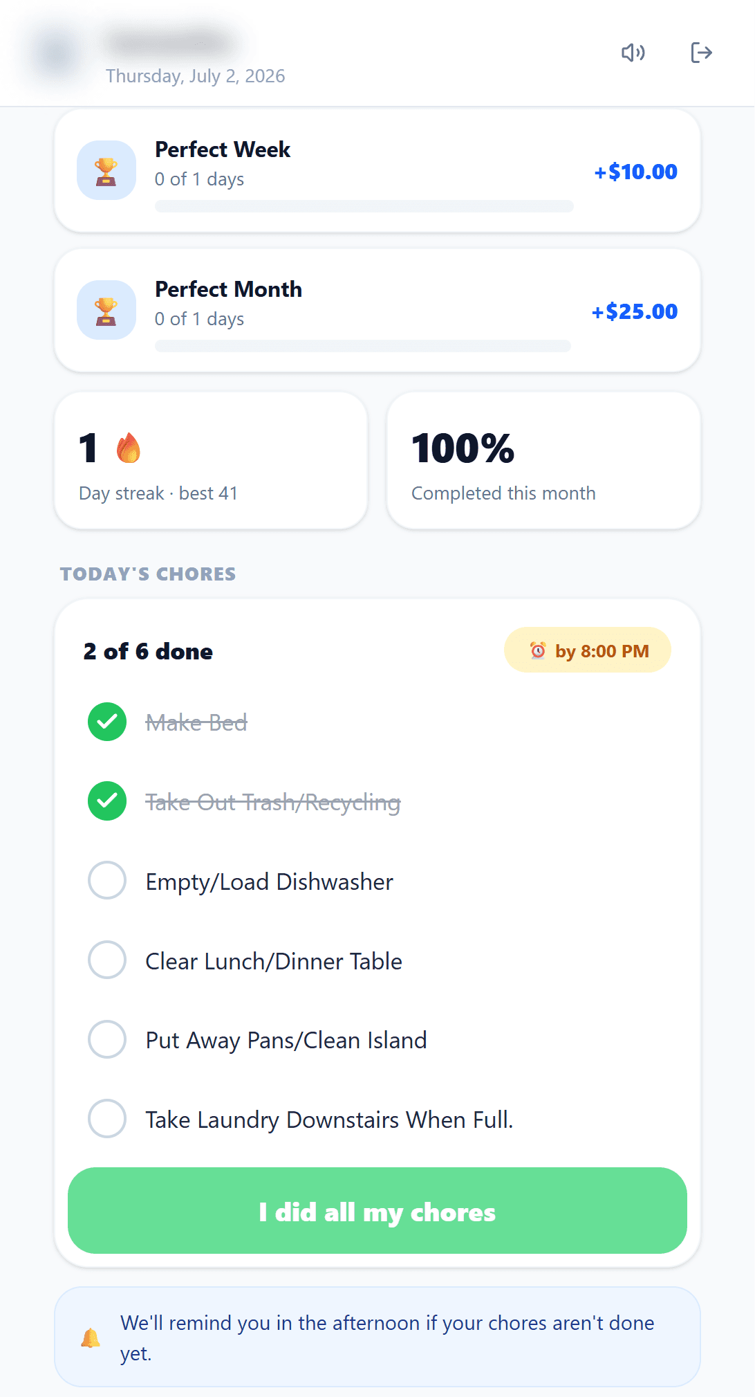 KidsChores showing today's chore checklist and bonus goals