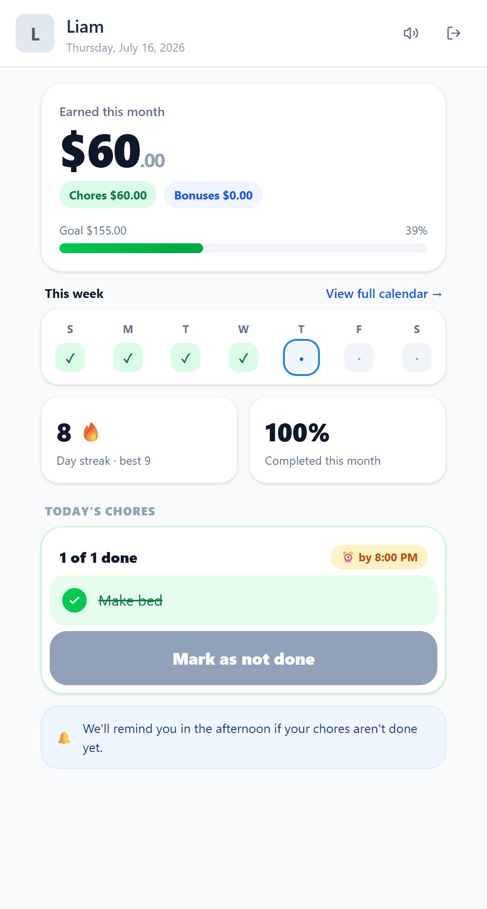 A child's KidsChores dashboard: $60 earned this month, progress toward a $155 goal, a week of checked-off days and an 8-day streak