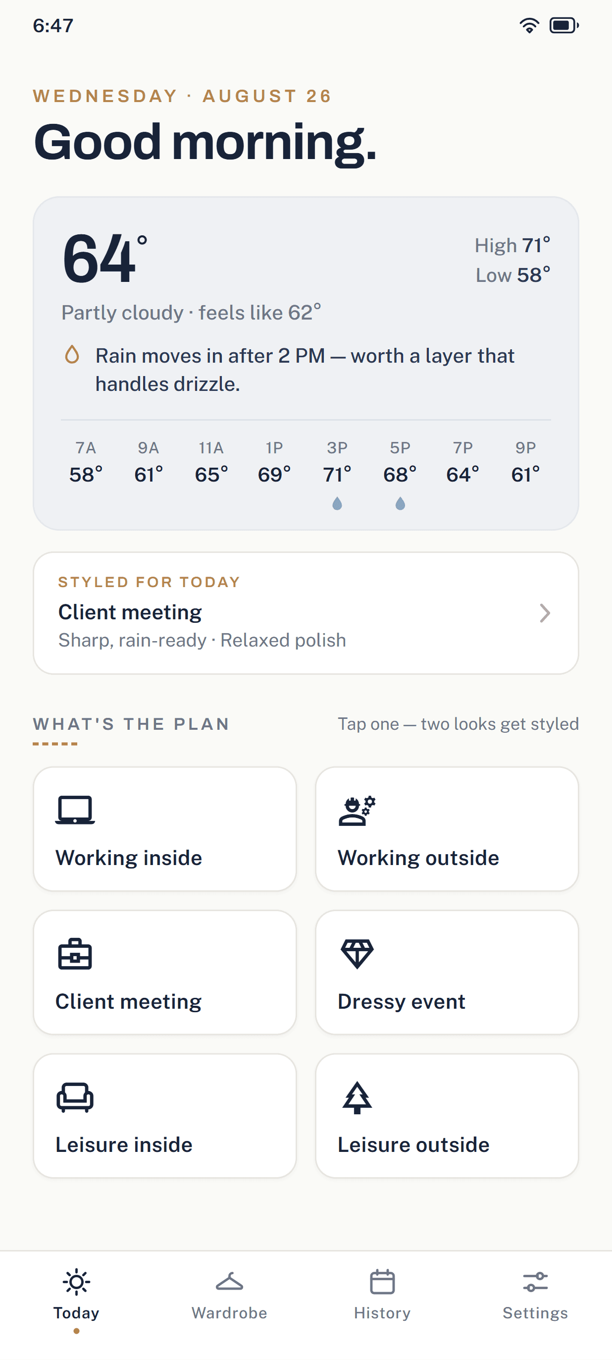 Styler & Profiler's morning screen: today's weather, a rain warning and six plans for the day