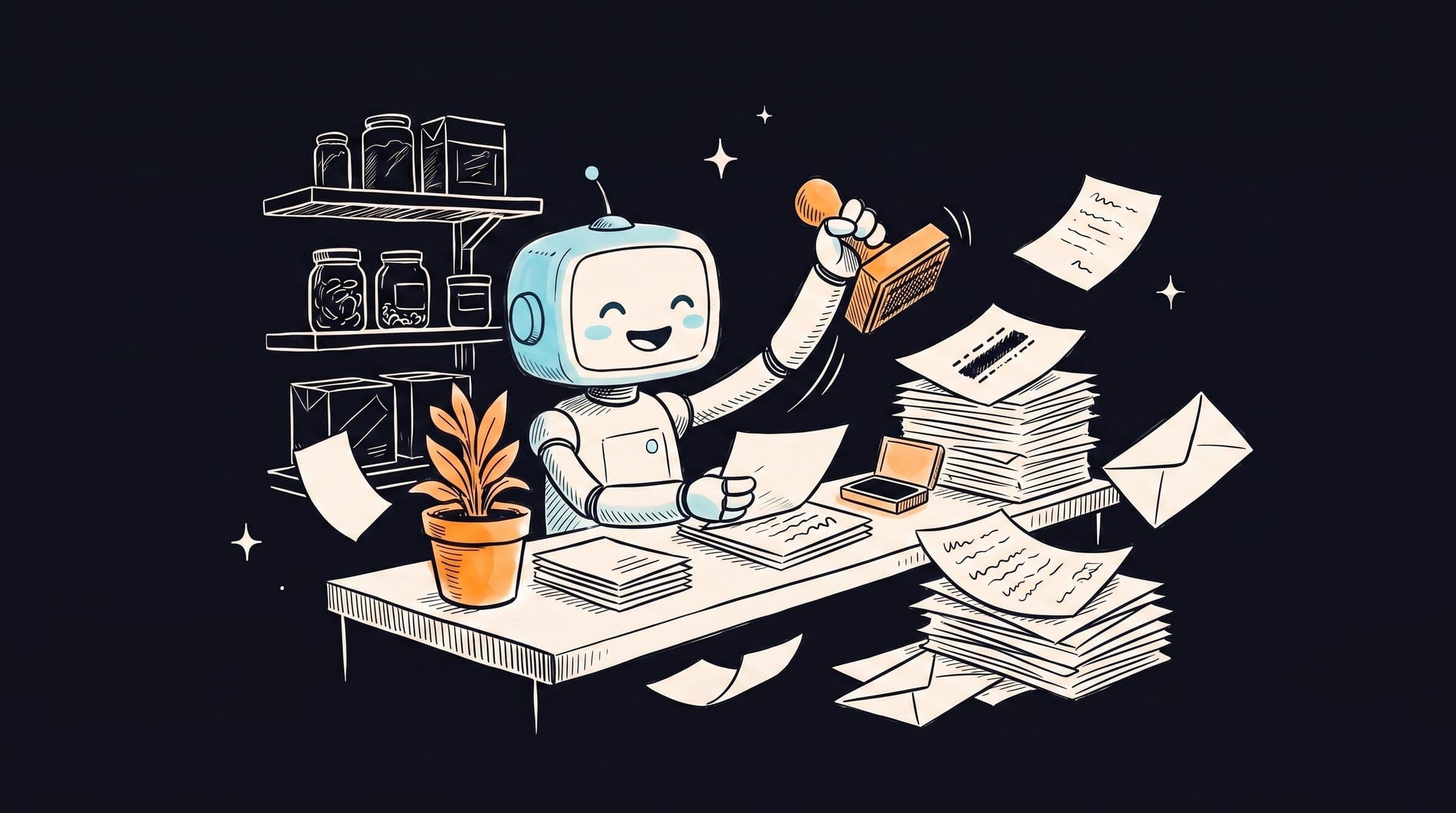 Ink sketch of a cheerful robot happily stamping its way through a stack of paperwork
