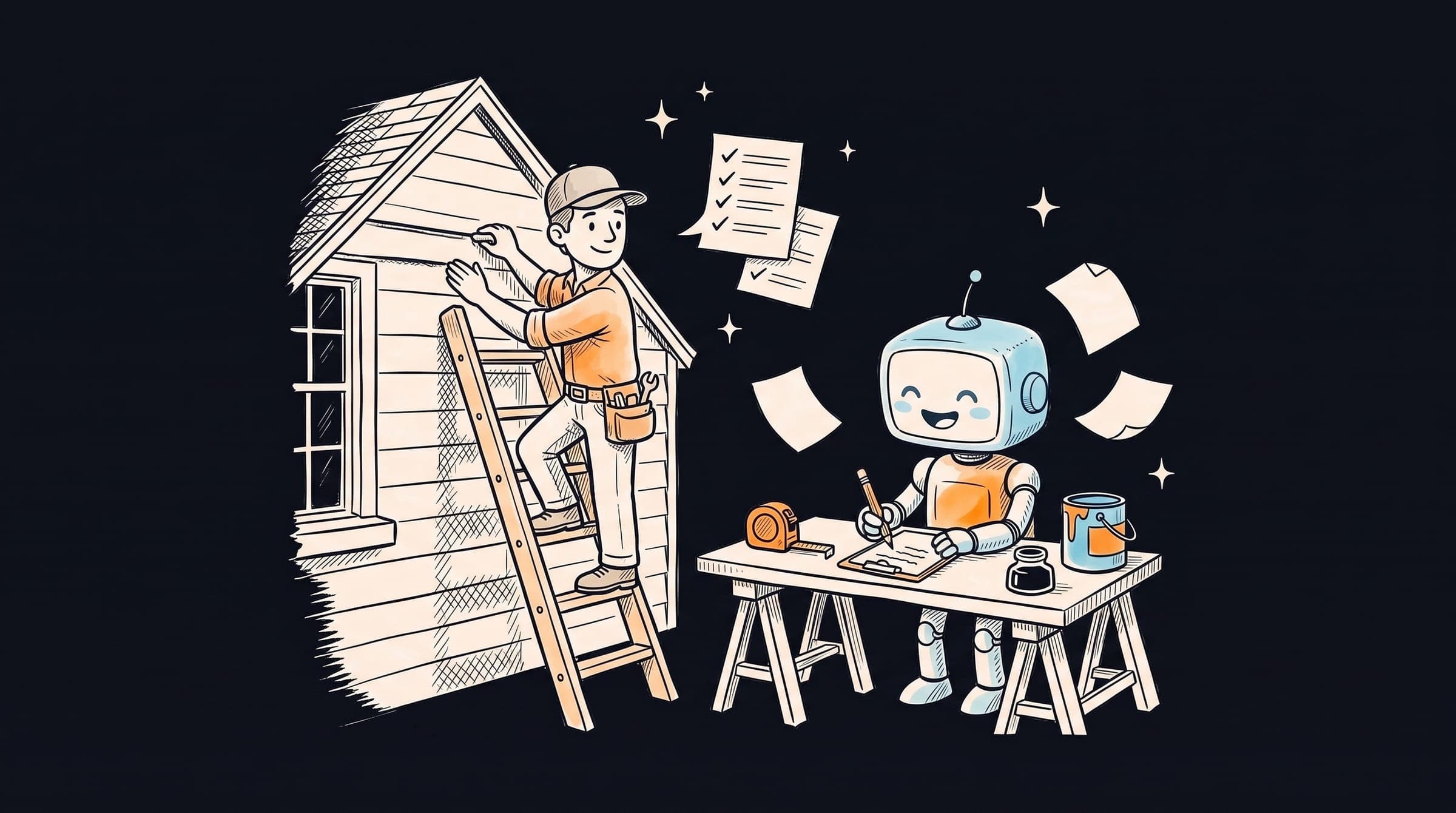 Ink sketch of a contractor on a ladder fixing clapboard siding while a small robot at a sawhorse workbench writes up a quote on a clipboard