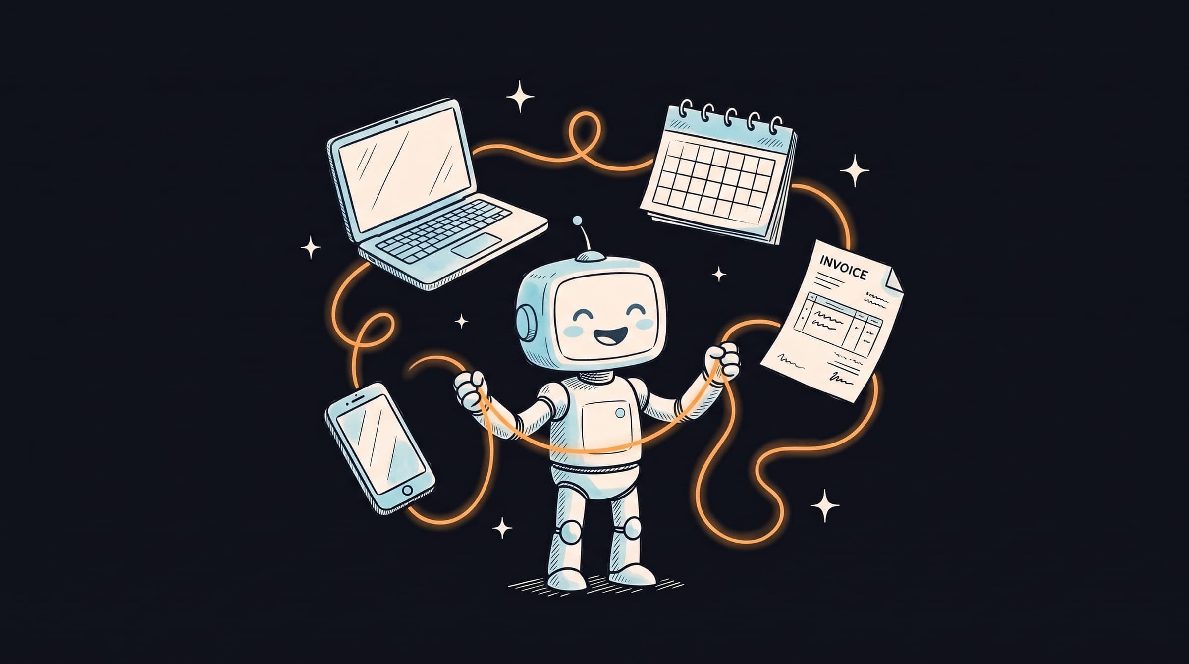 Ink sketch of a small robot linking a laptop, a calendar, an invoice, and a phone together with one glowing thread