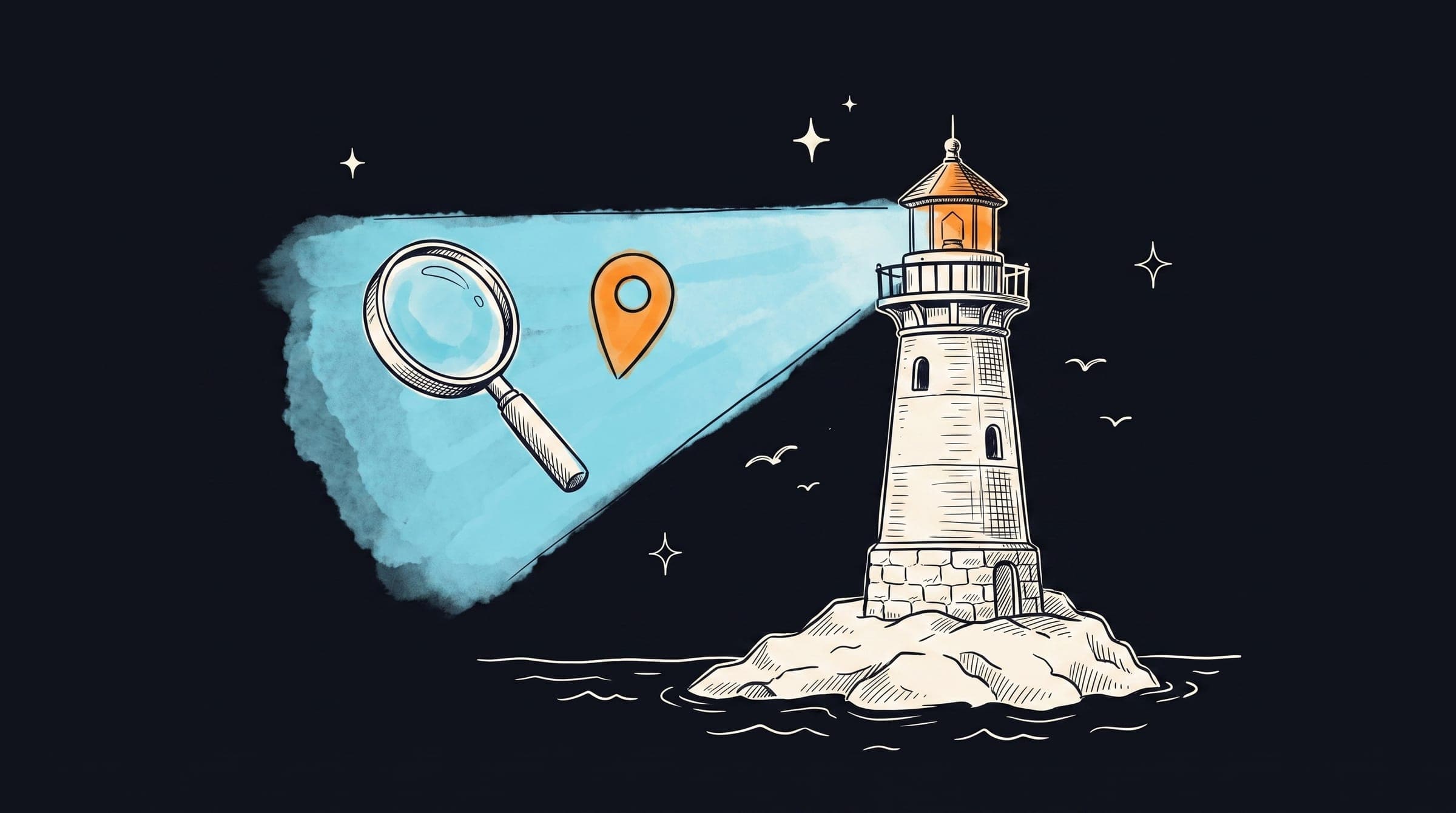Ink sketch of a New England lighthouse casting a beam that lights up a magnifying glass and a map pin