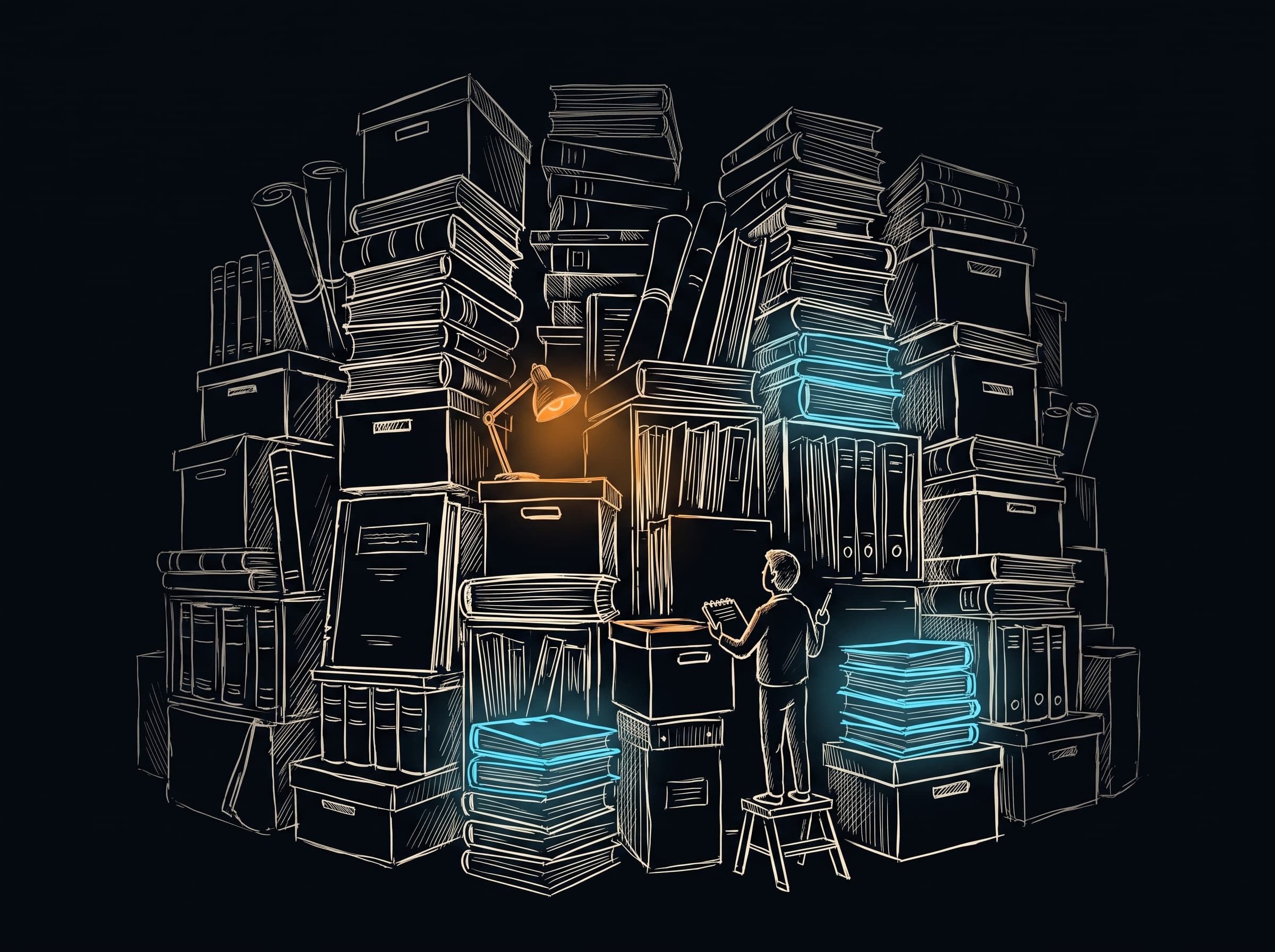 Sketch illustration of a lone reporter dwarfed by a towering wall of filing boxes, bound minutes, and document folders