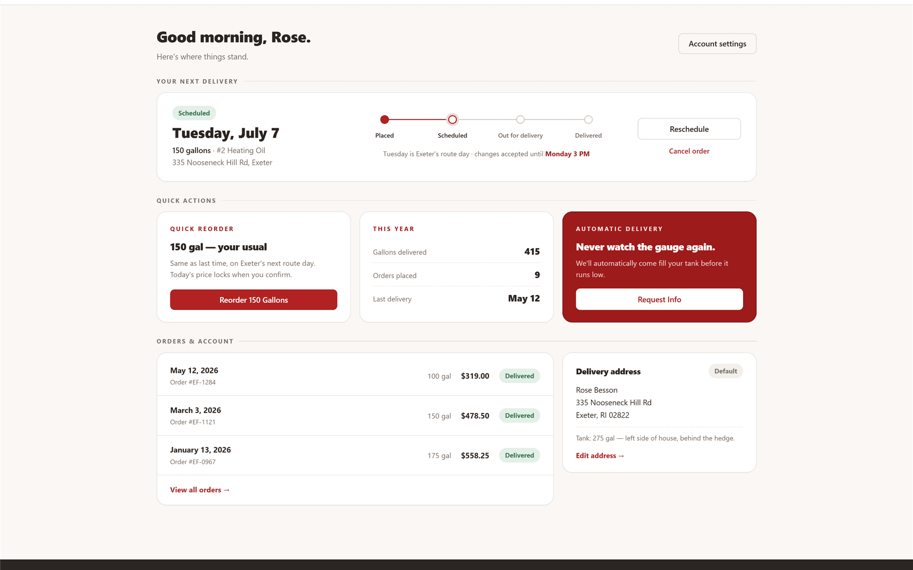 Customer portal showing next delivery, quick reorder, and order history