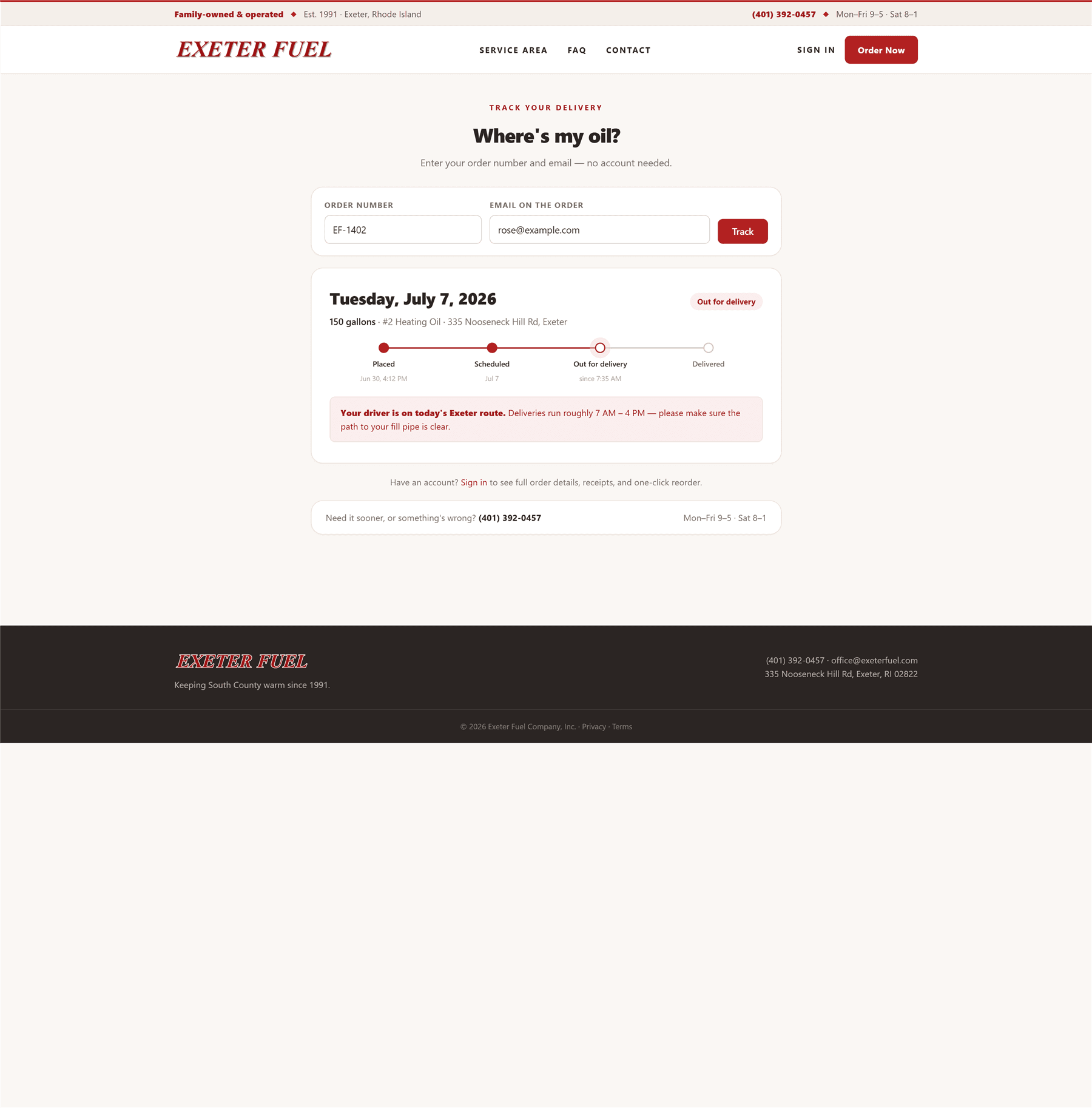 Exeter Fuel delivery tracking page — Where's my oil?