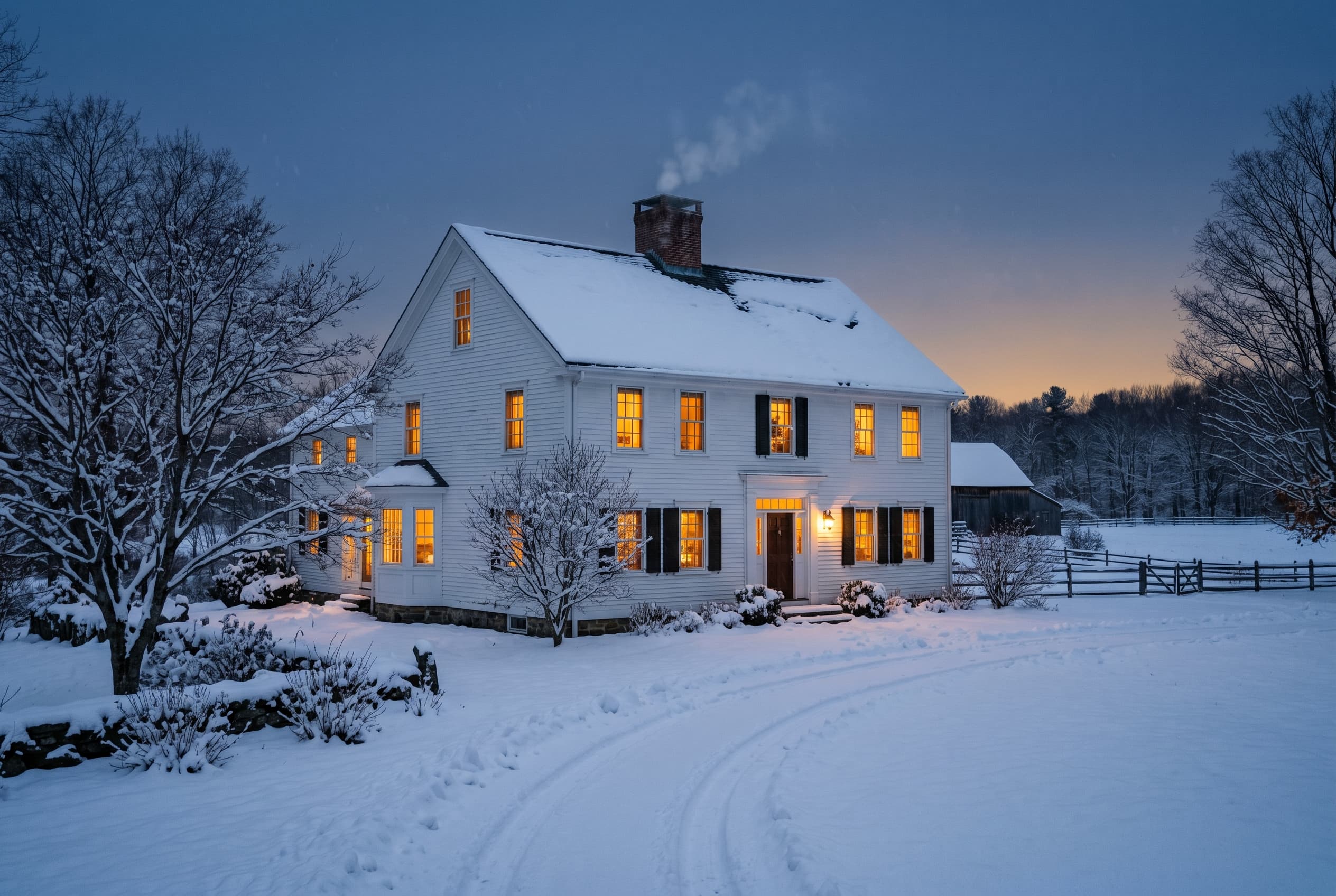 A warm New England home on a snowy winter evening