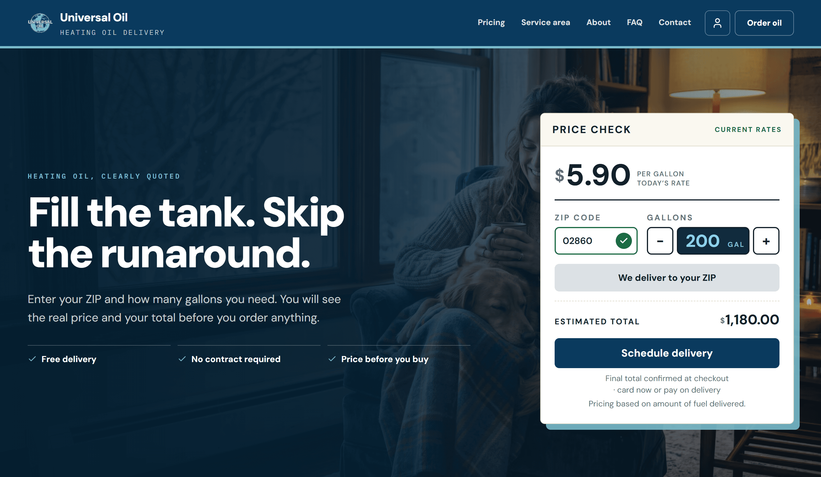 A dealer's homepage price check: ZIP code confirmed for delivery, 200 gallons, today's rate per gallon and the estimated total, with a Schedule delivery button
