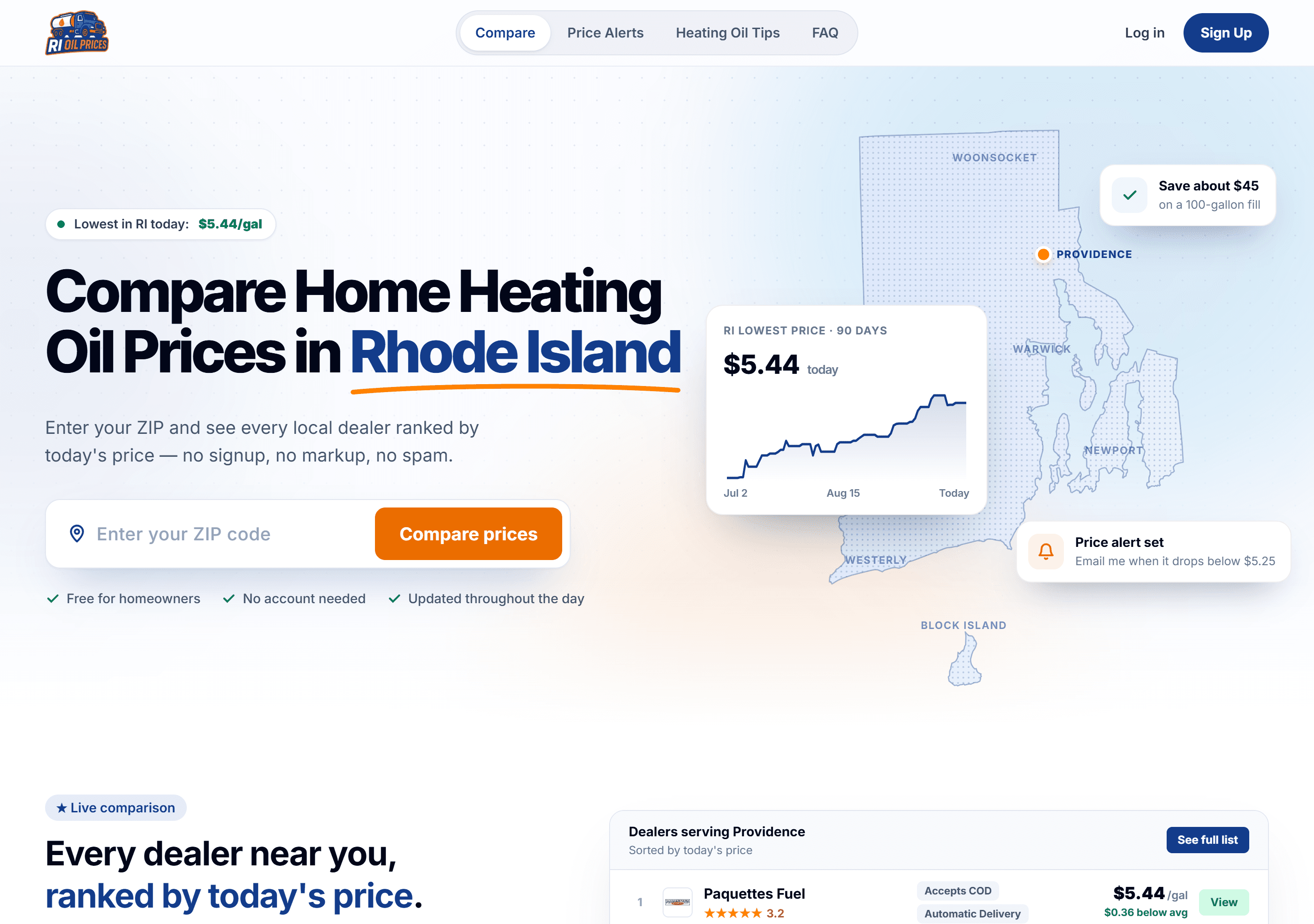 RI Oil Prices homepage: today's lowest Rhode Island heating oil price, a ZIP code search and a 90-day price chart over a map of the state