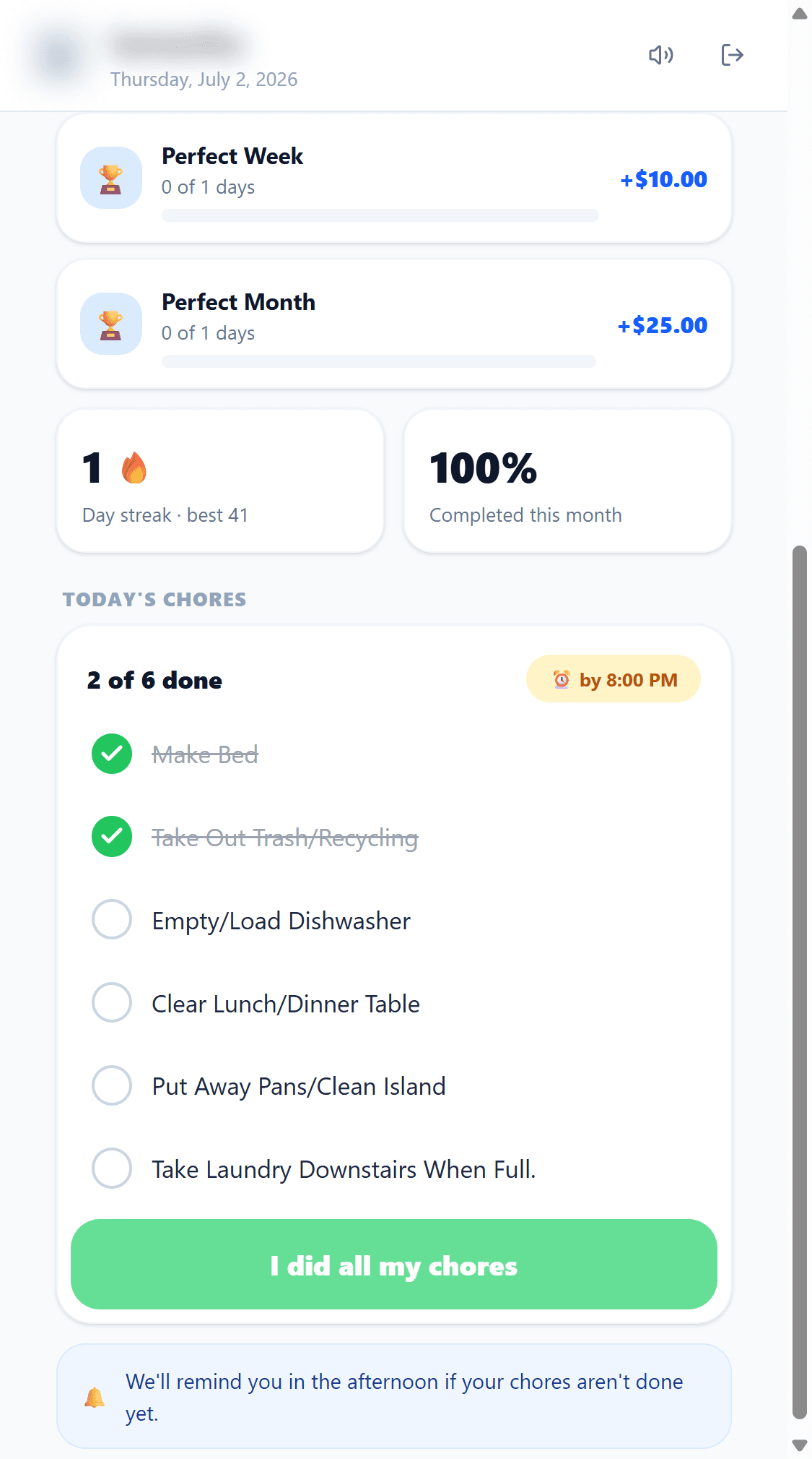 KidsChores app showing today's chore checklist