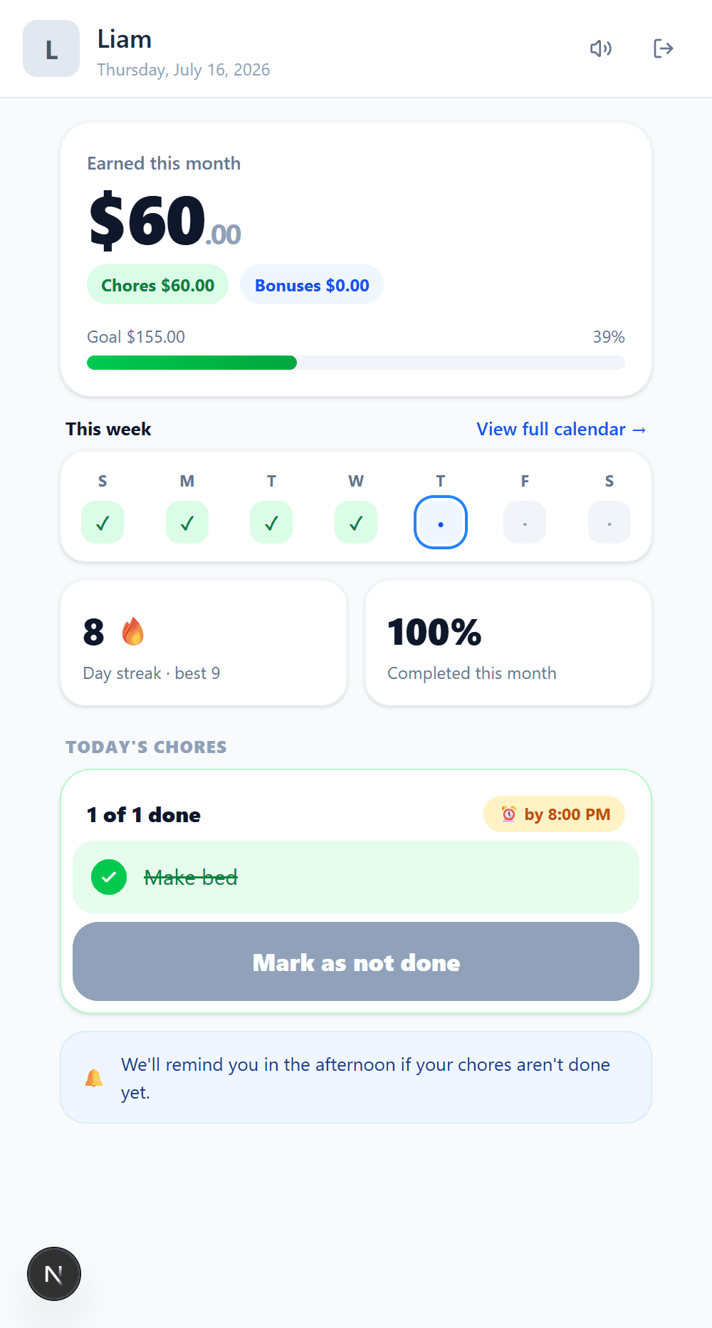 KidsChores app dashboard showing a kid's earnings for the month