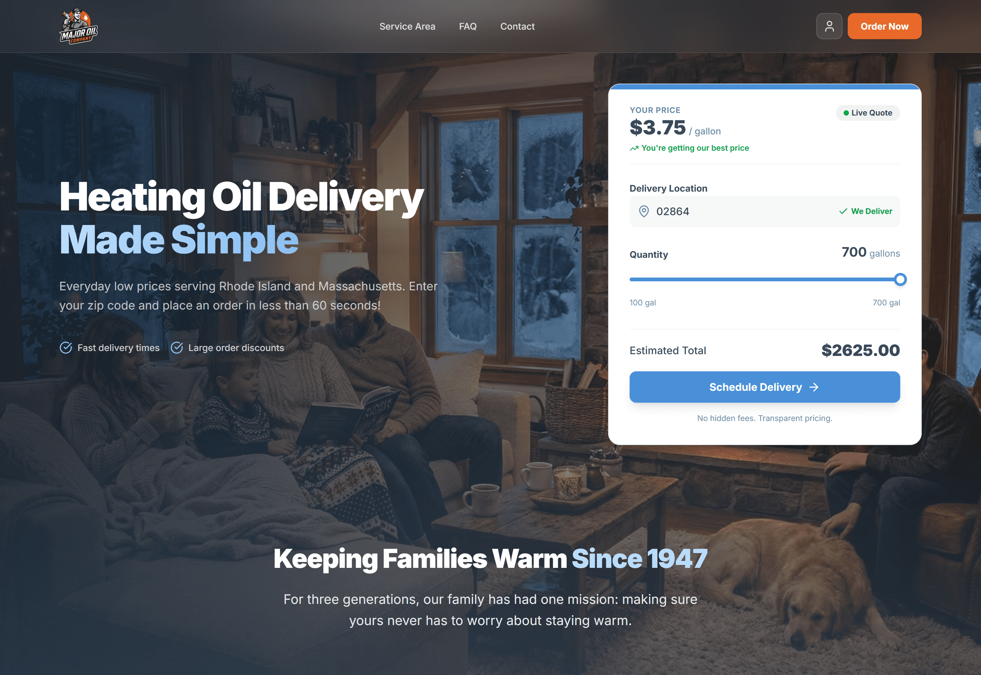 Major Oil live pricing widget with ZIP confirmed and volume discount applied