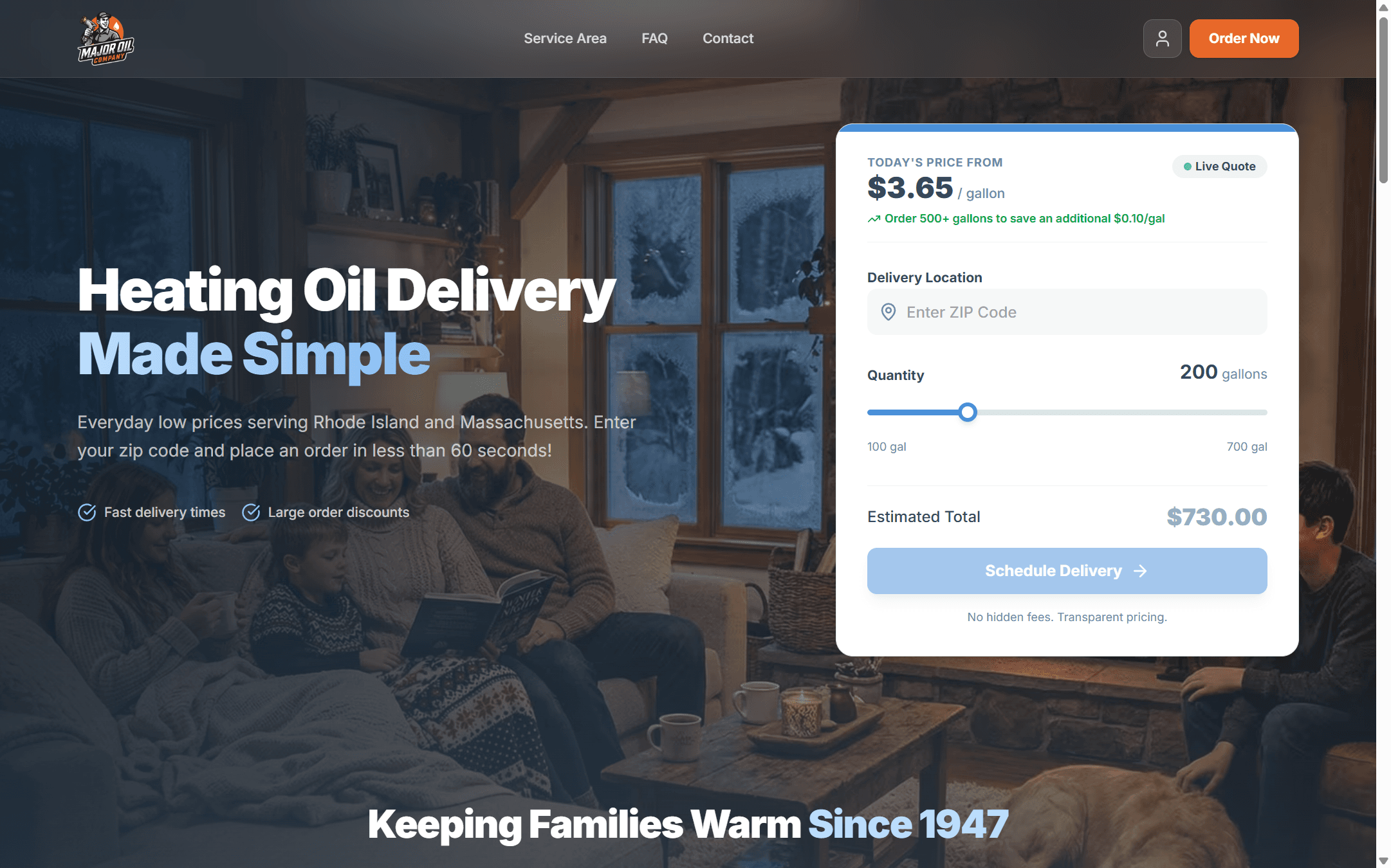 Major Oil's website with live pricing and instant ordering