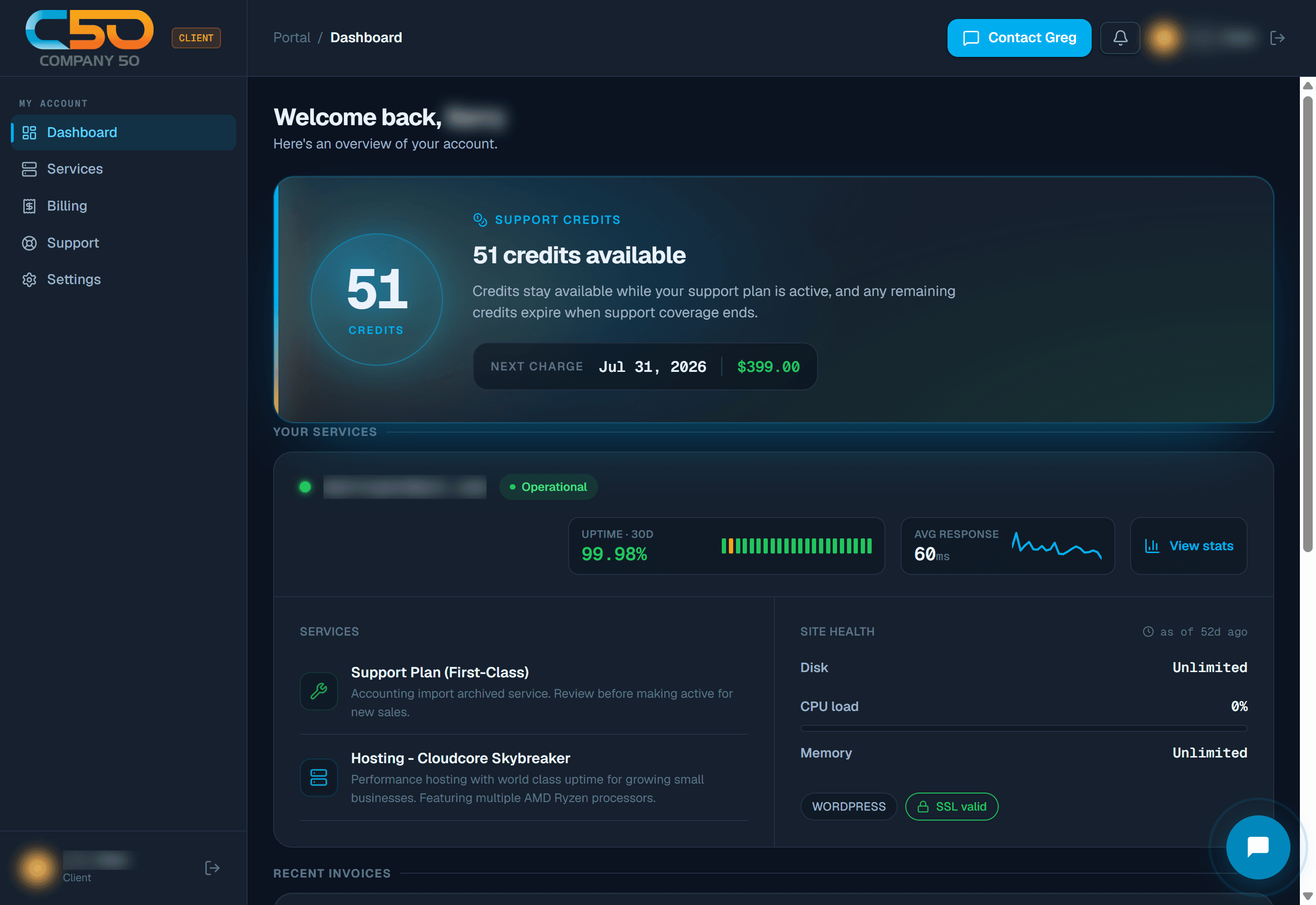 The client portal as a signed-in client sees it — services, uptime, and support