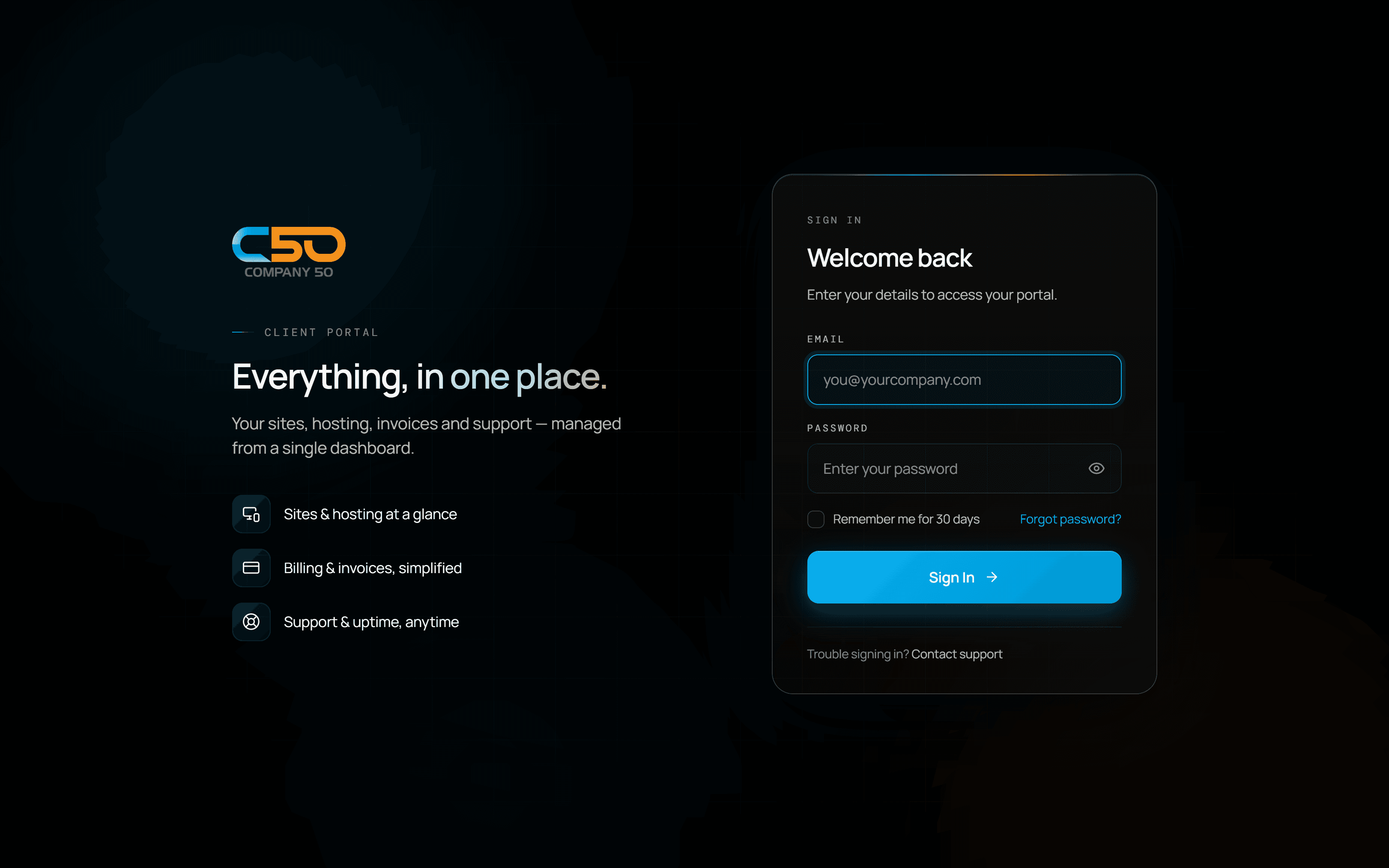 The Company 50 client portal sign-in — everything, in one place