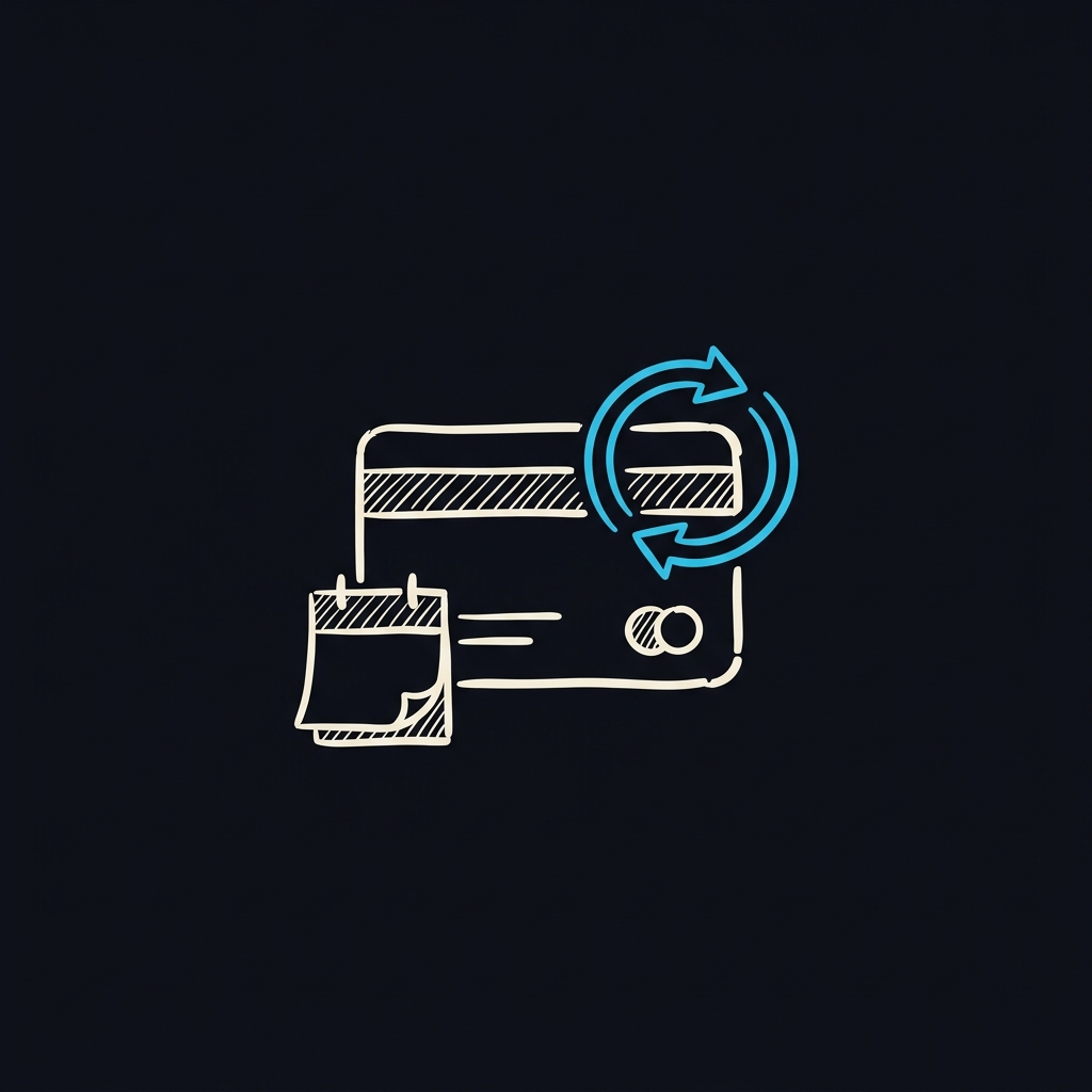 Hand-sketched payment card with recurring autopay arrows and a calendar